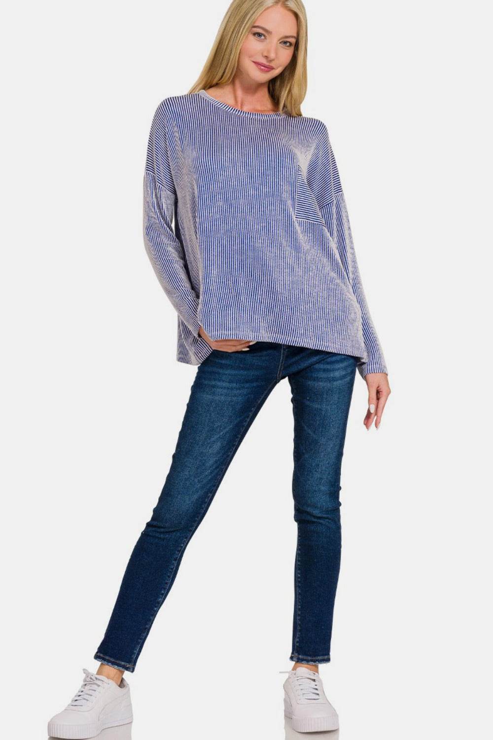 Zenana Ribbed Striped Long Sleeve T-Shirt - Delanoir