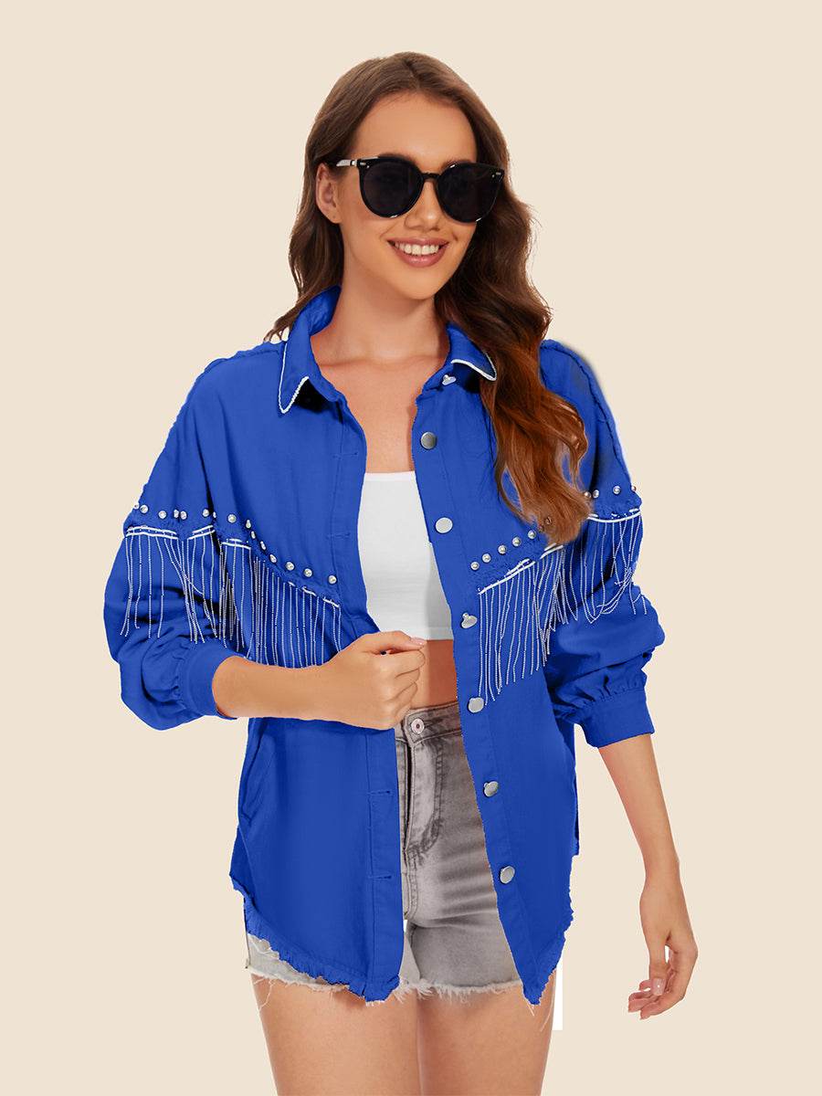 Raw Hem Fringe Detail Denim Jacket - Delanoir