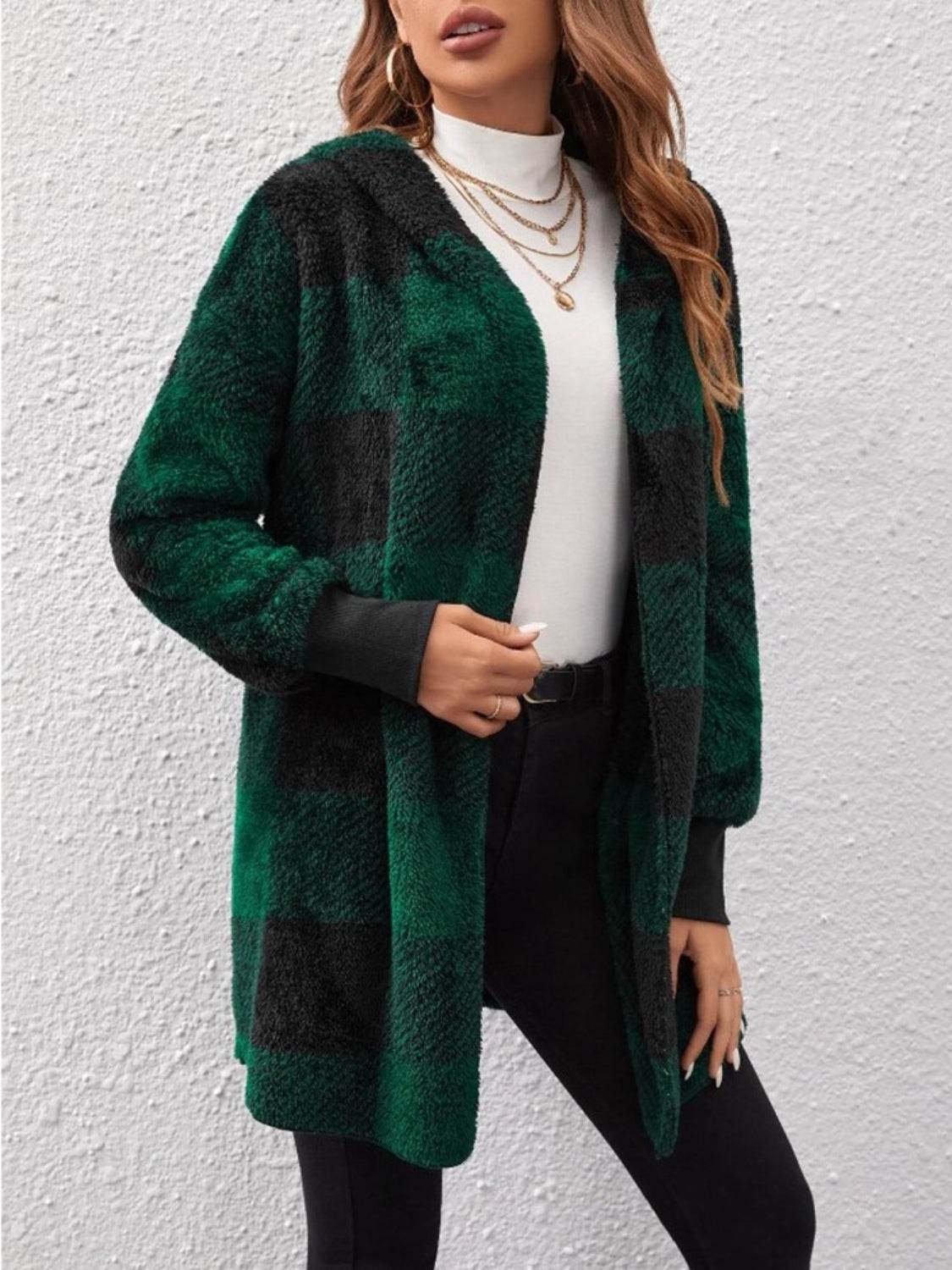 Plaid Long Sleeve Hooded Coat - Delanoir