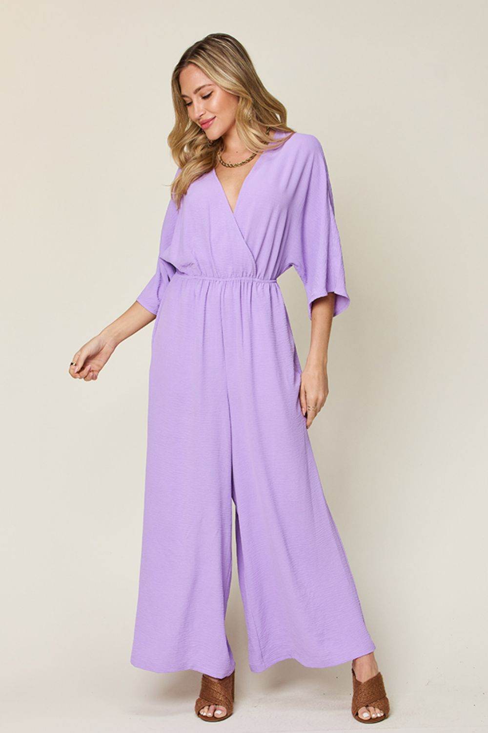 Double Take Full Size Surplice Wide Leg Jumpsuit with Pockets - Delanoir