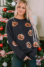 Sequin Patch Pumpkin Round Neck Sweatshirt - Delanoir