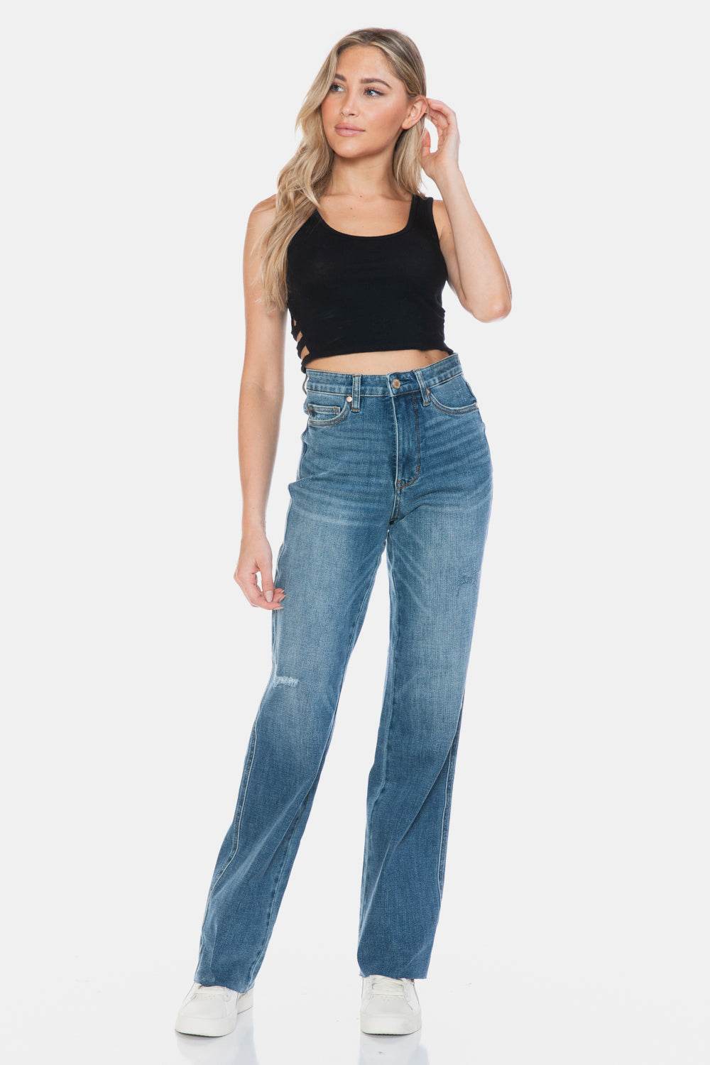 Judy Blue Full Size Tummy Control Cut Raw Hem Straight Jeans - Delanoir