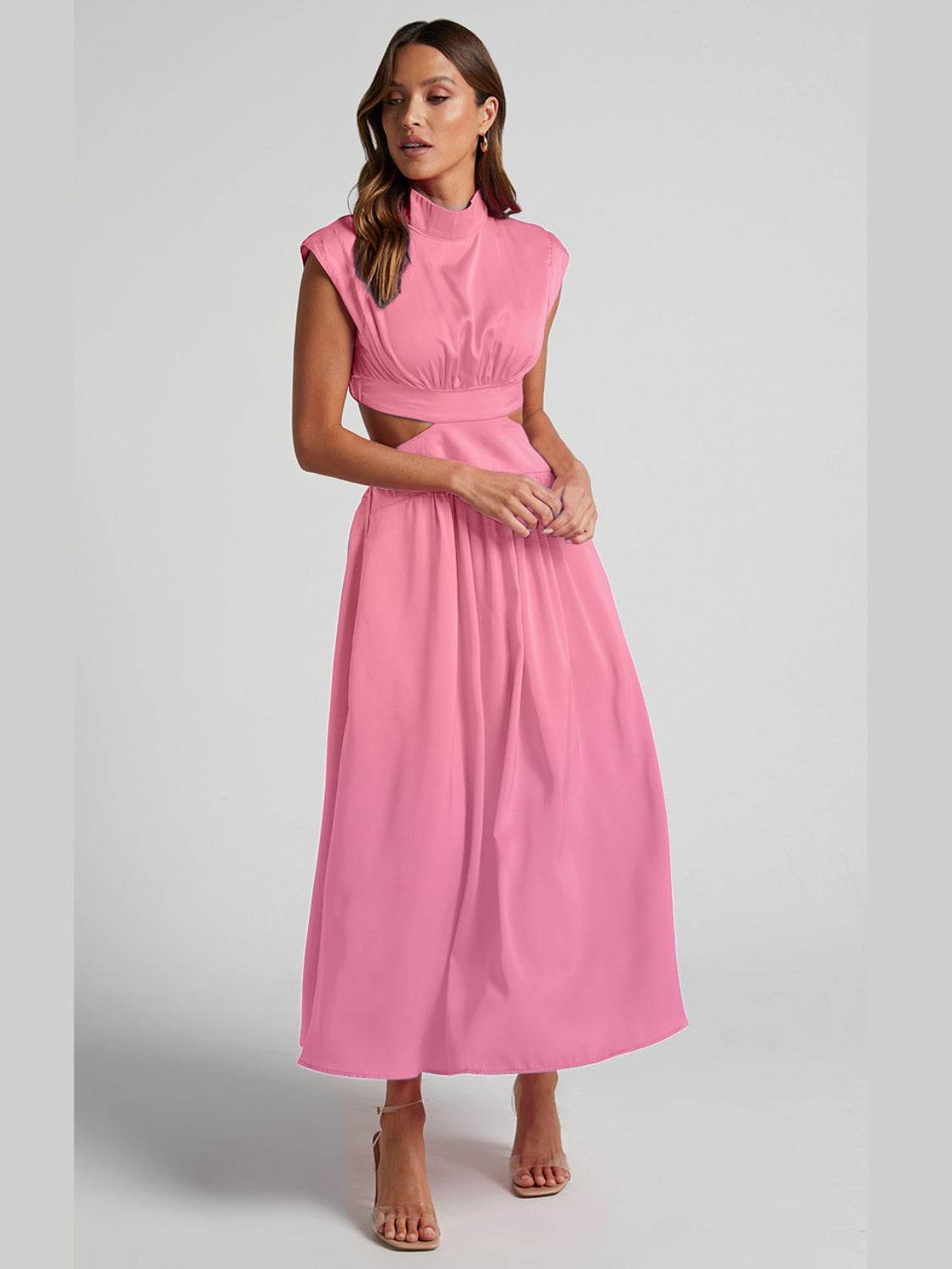 Cutout Mock Neck Sleeveless Ruched Dress - Delanoir