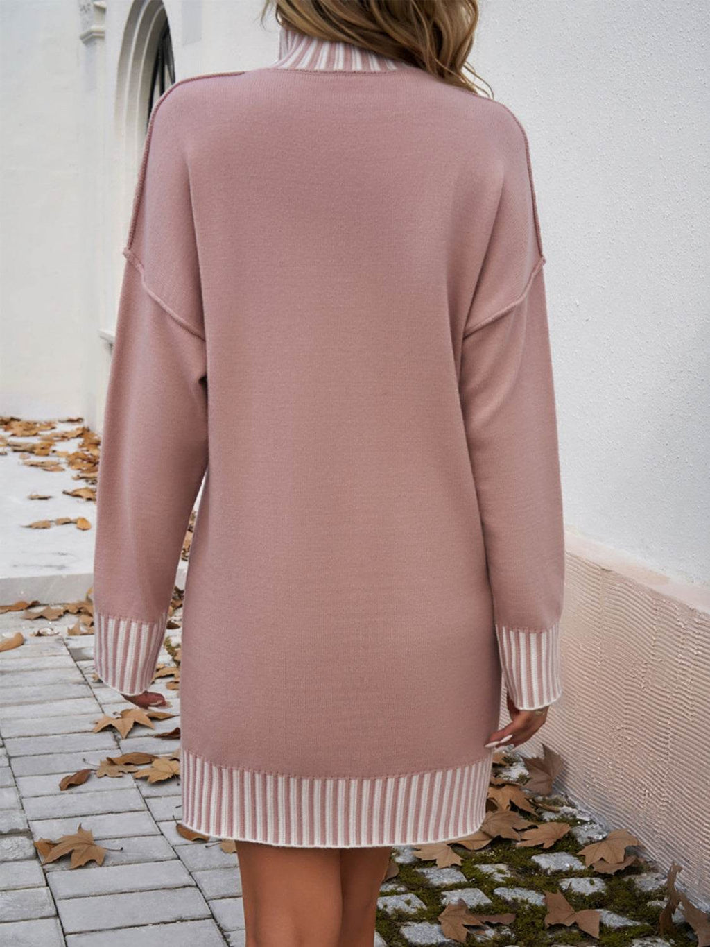 Devine Striped Mock Neck Long Sleeve Sweater Dress - Delanoir