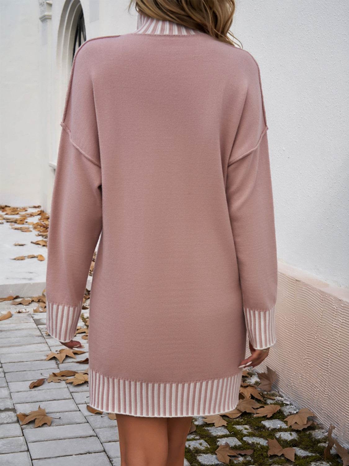 Devine Striped Mock Neck Long Sleeve Sweater Dress - Delanoir