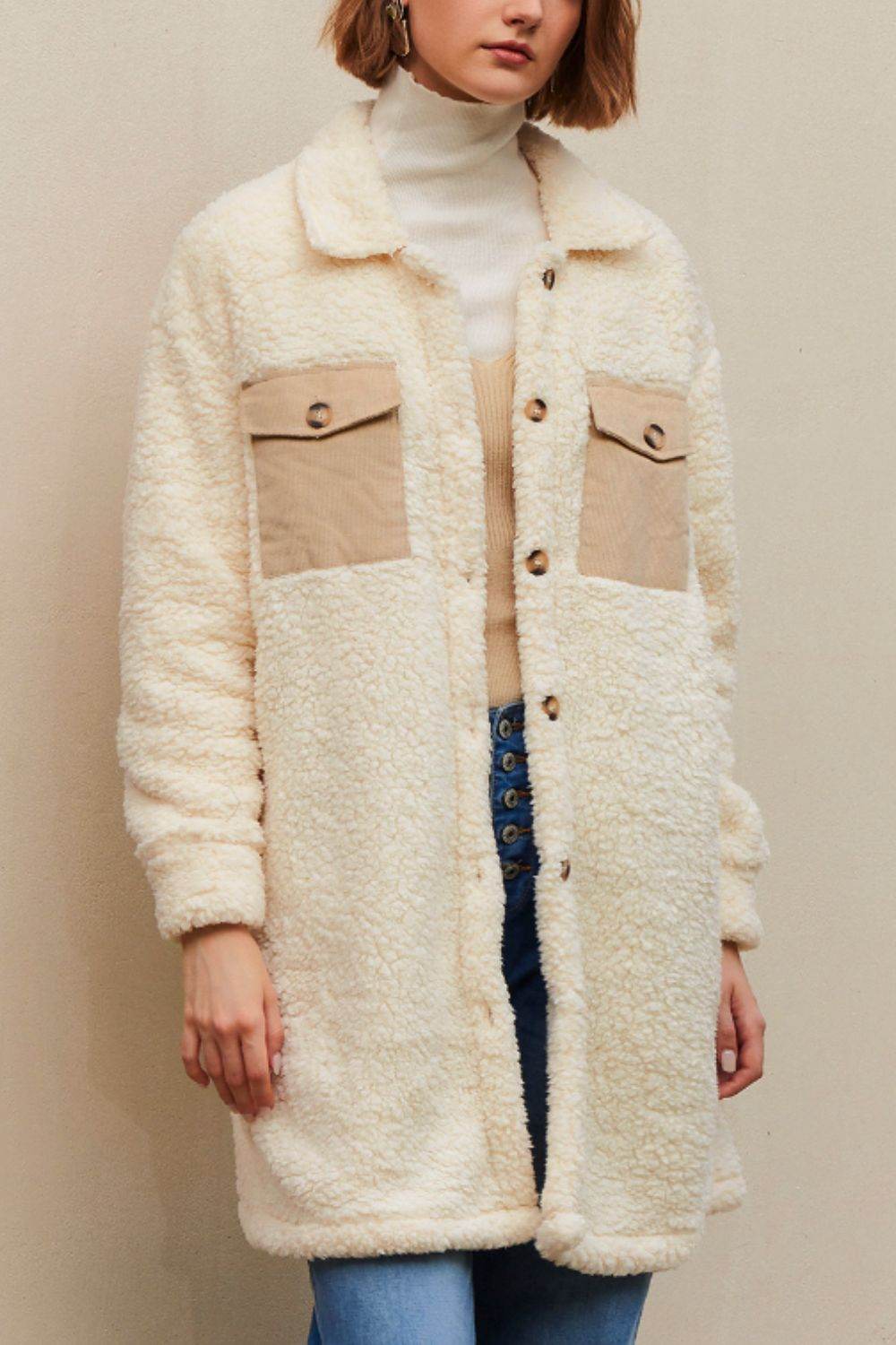 Collared Neck Long Sleeve Longline Teddy Jacket - Delanoir
