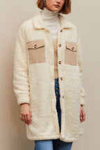 Collared Neck Long Sleeve Longline Teddy Jacket - Delanoir
