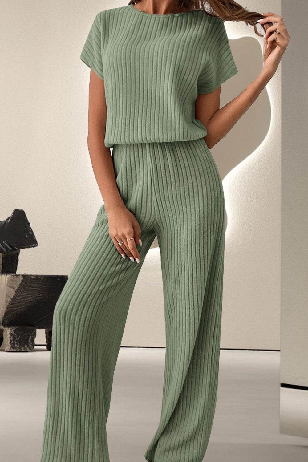 Round Neck Short Sleeve Jumpsuit - Delanoir