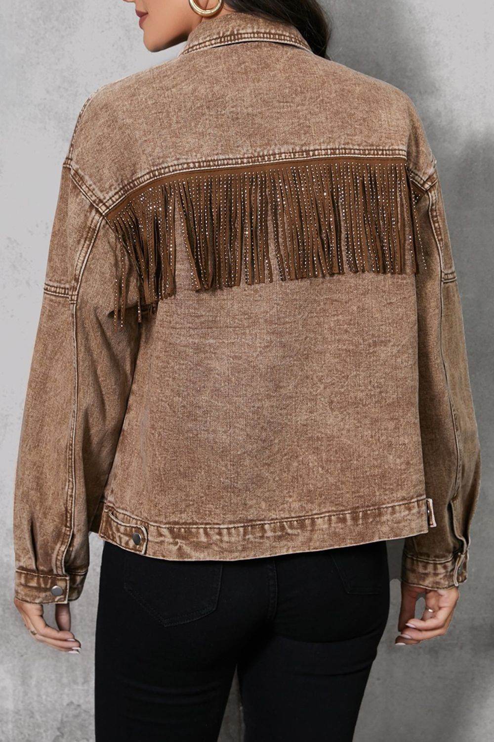 Fringe Trim Snap Down Denim Jacket - Delanoir