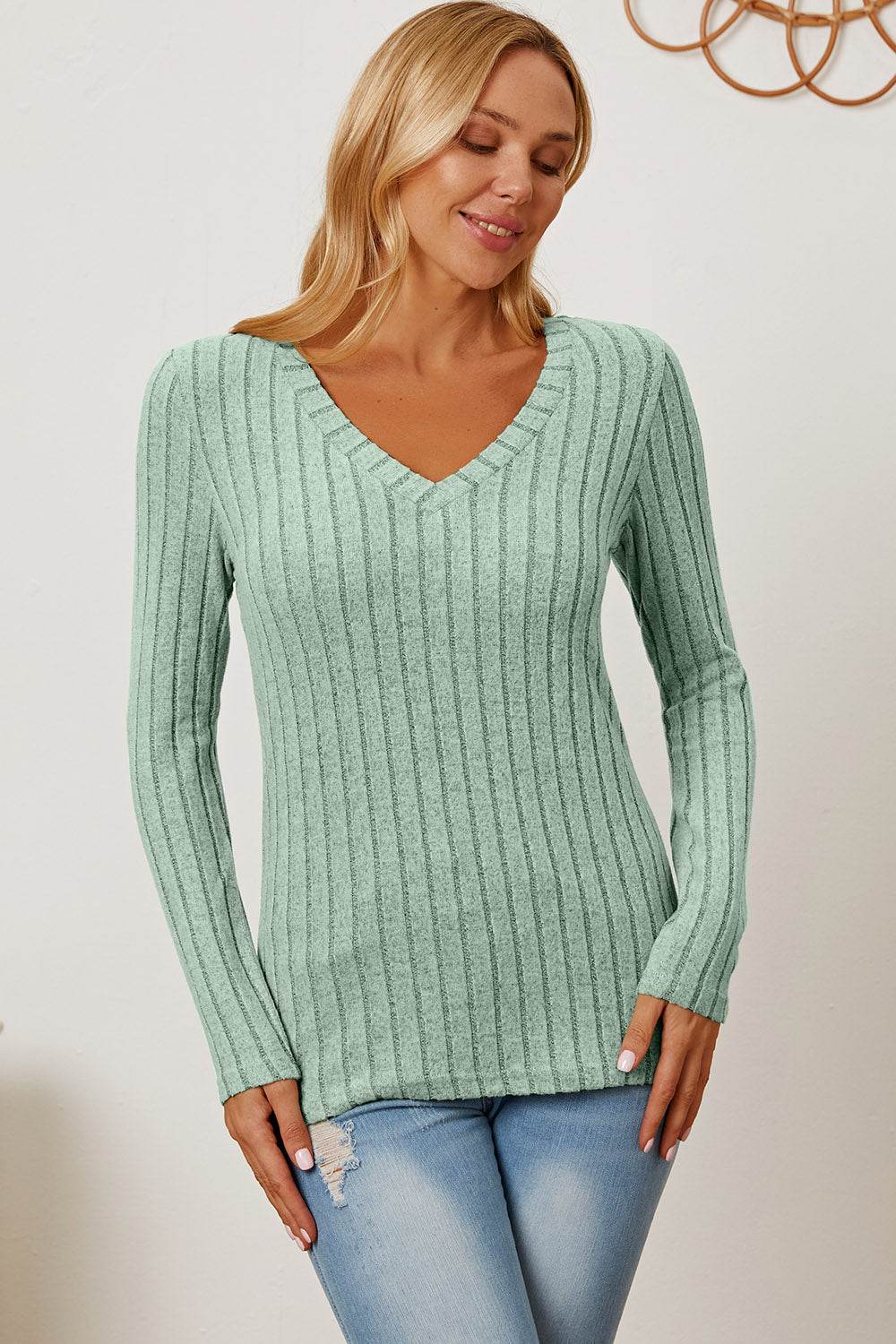 Basic Bae Full Size Ribbed V-Neck Long Sleeve T-Shirt - Delanoir