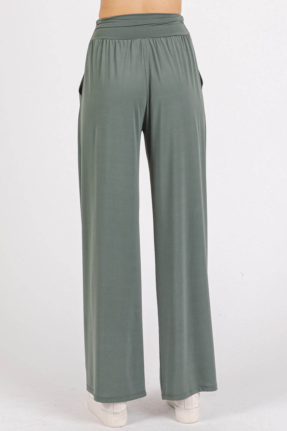Mittoshop Stretch Banded Waist Wide Leg Pants with Pockets - Delanoir