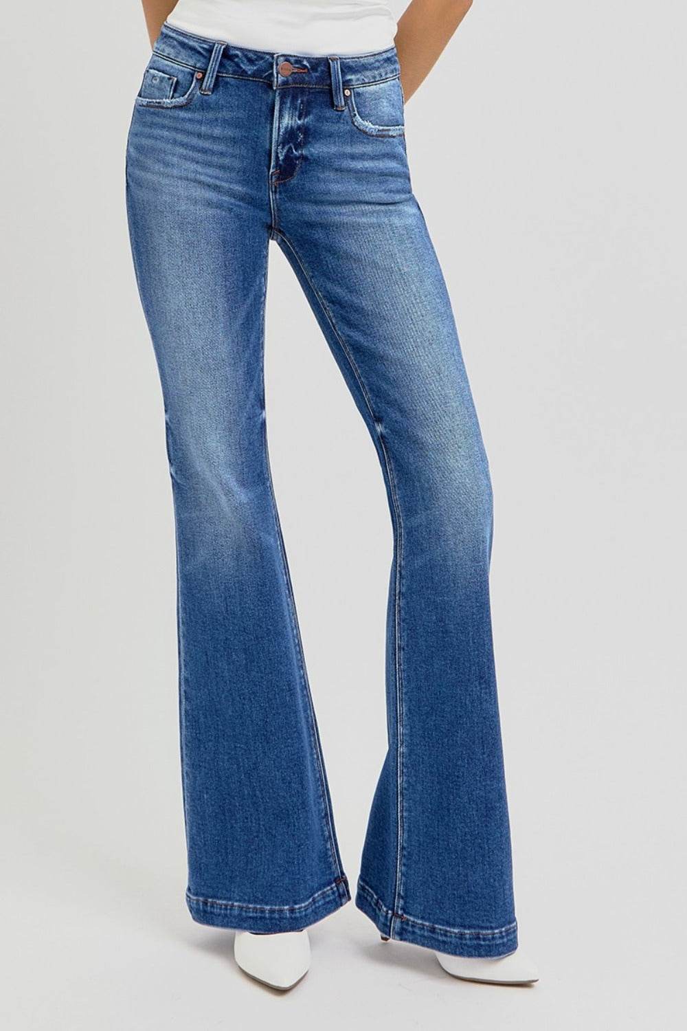 RISEN Full Size Low Rise Flare Jeans with Pockets - Delanoir