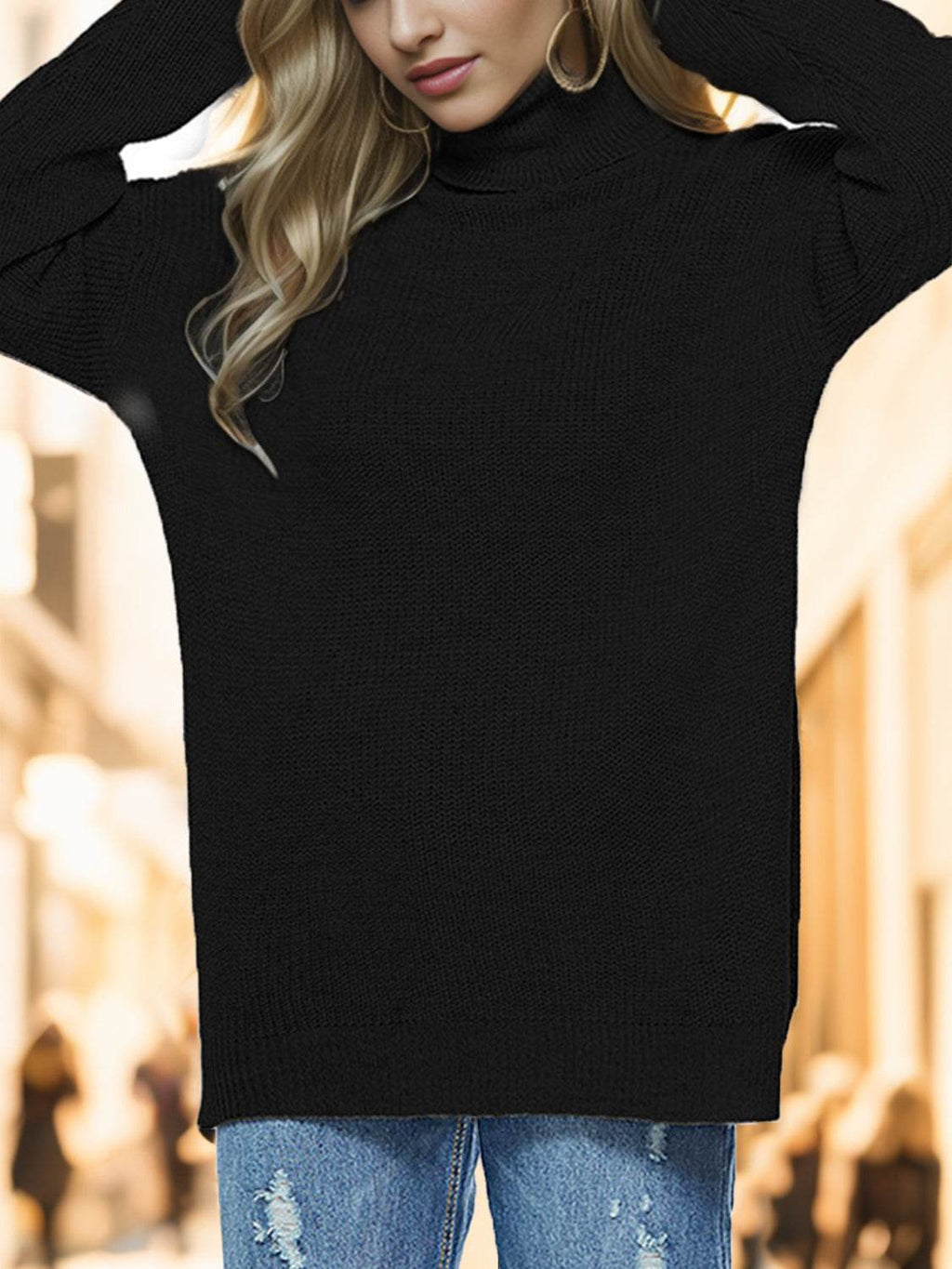 Turtleneck Drop Shoulder Long Sleeve Sweater - Delanoir