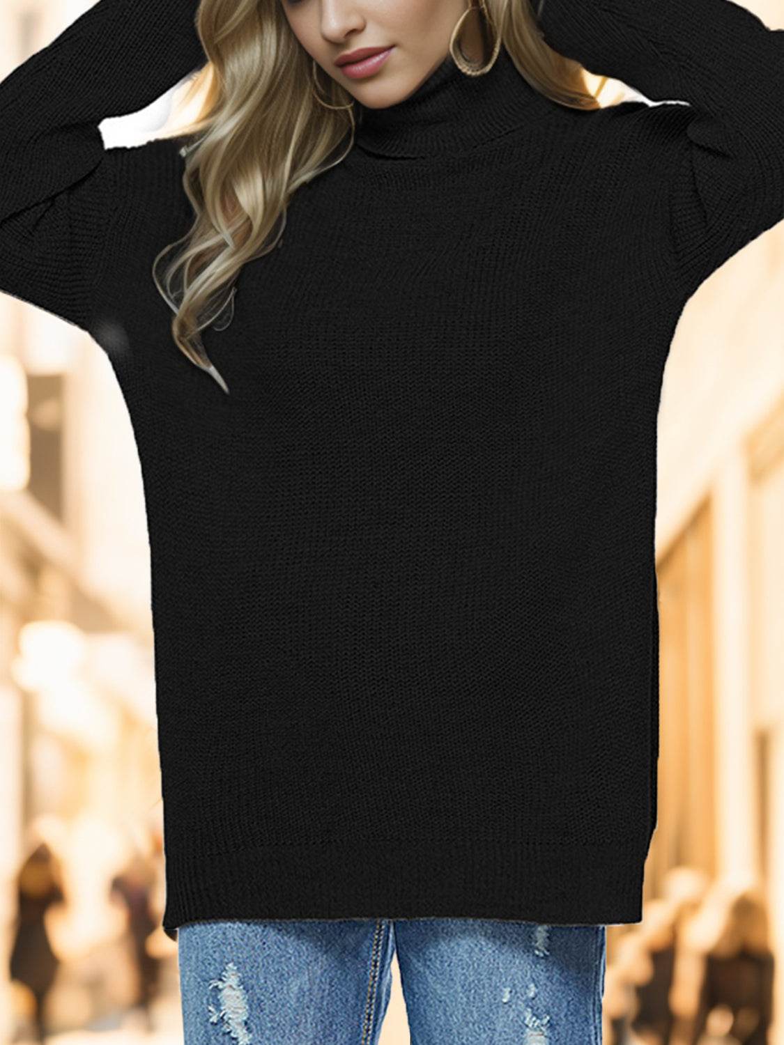 Turtleneck Drop Shoulder Long Sleeve Sweater - Delanoir