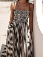 Smocked Striped Square Neck Cami Dress - Delanoir