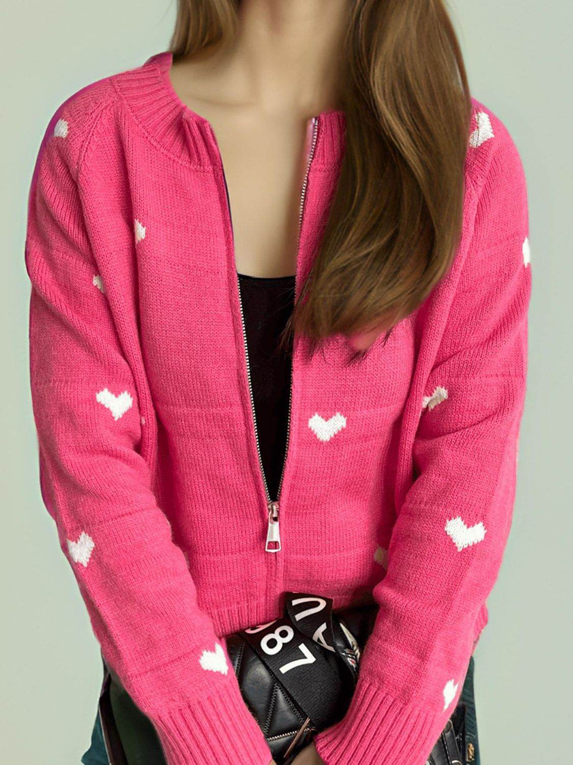 Heart Round Neck Zip Up Cardigan - Delanoir