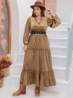 Plus Size Frill Tie Neck Long Sleeve Dress - Delanoir