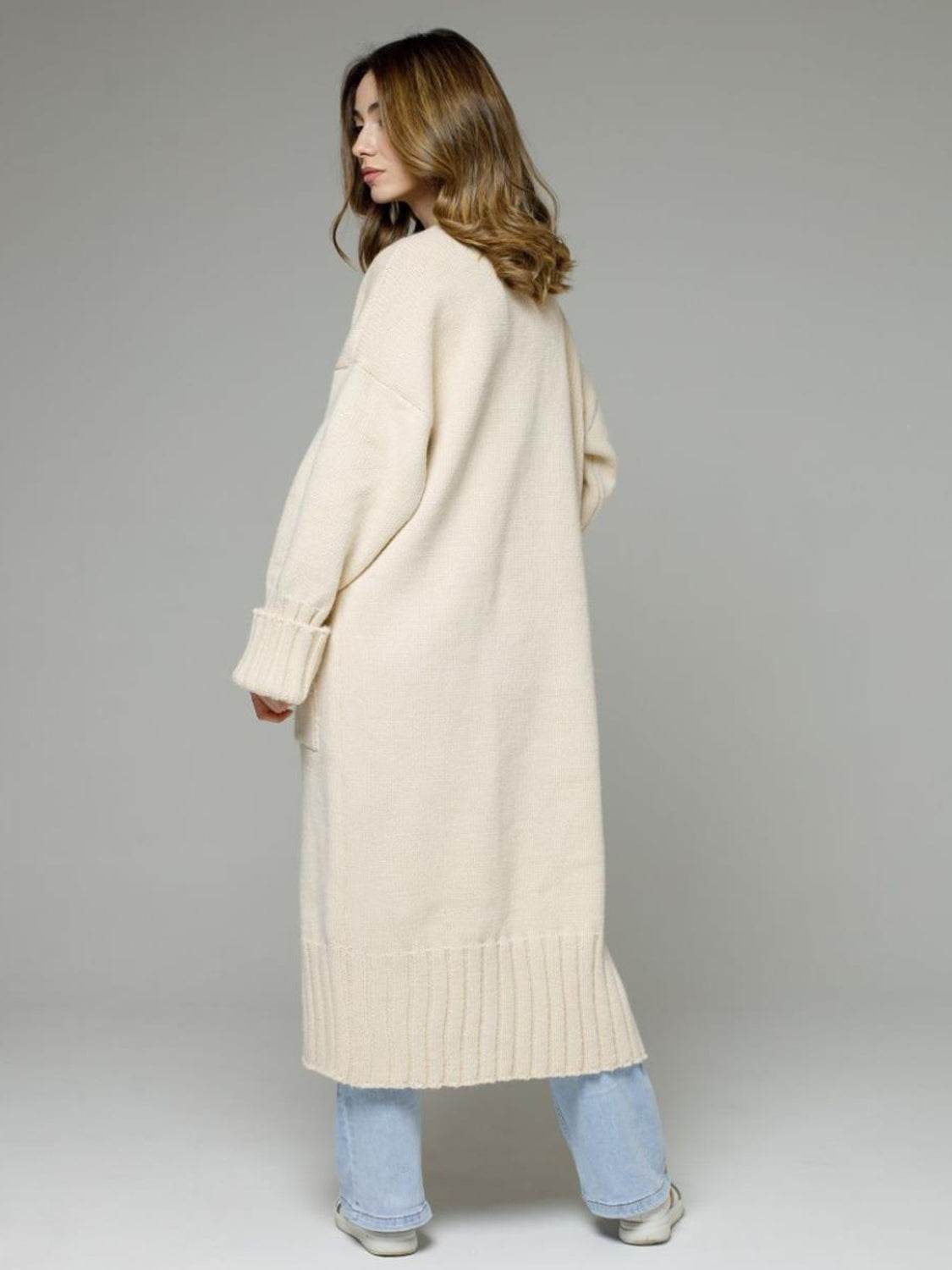Pocketed Open Front Dropped Shoulder Cardigan - Delanoir