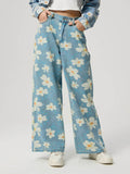 Pocketed Floral Wide Leg Jeans - Delanoir