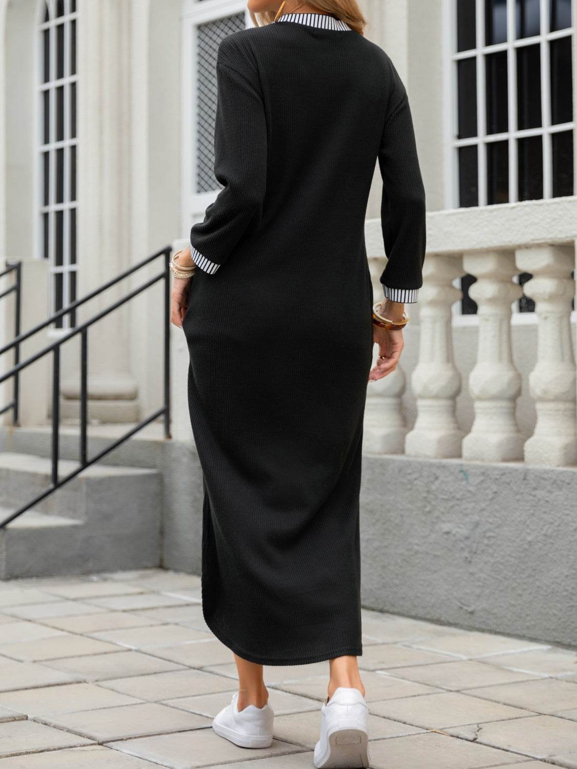 Slit V-Neck Long Sleeve Midi Dress - Delanoir
