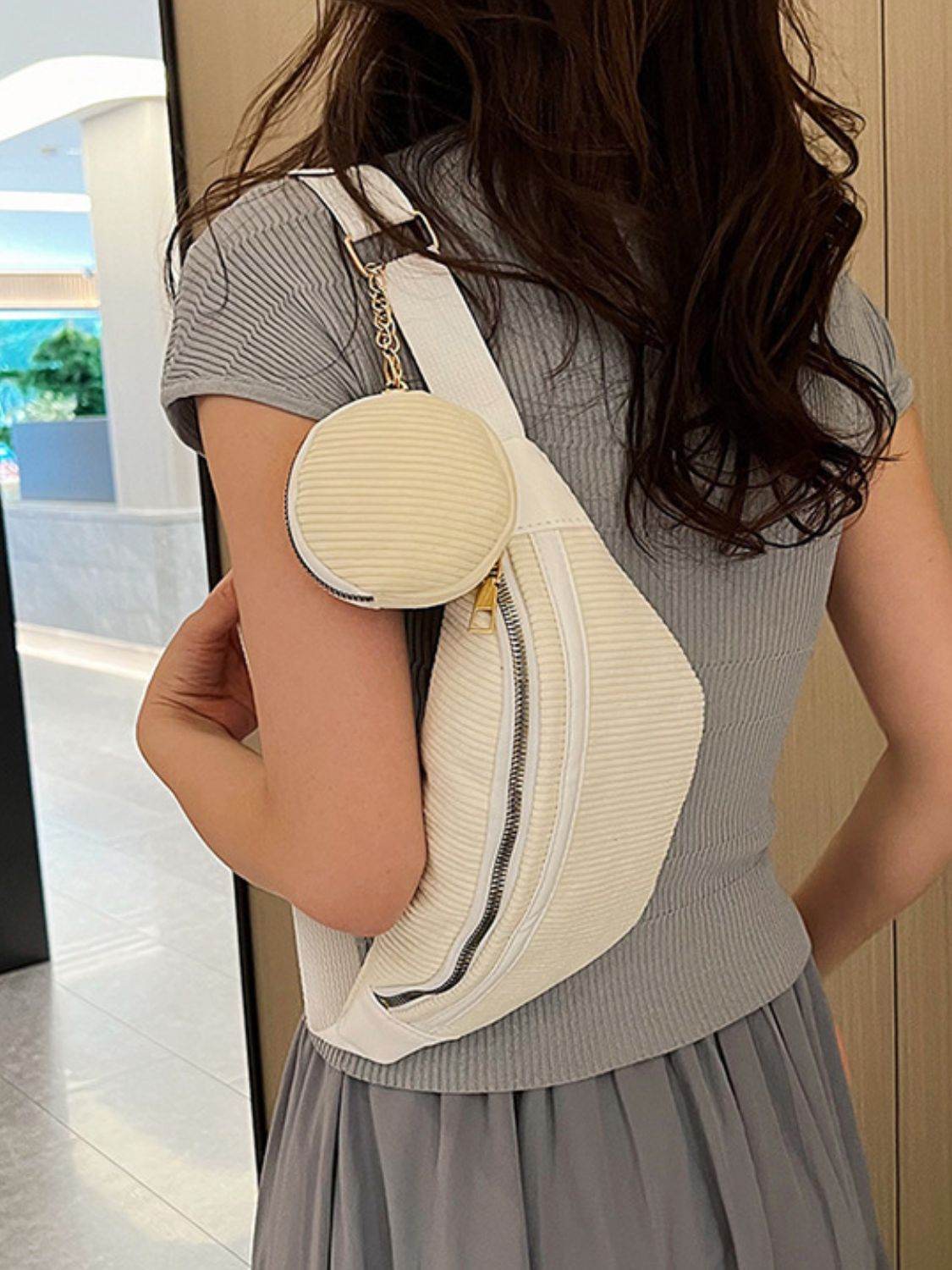 Corduroy Adjustable Strap Crossbody Bag with Pouch - Delanoir