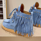 Fringe Studded Round Toe Canvas Boots - Delanoir