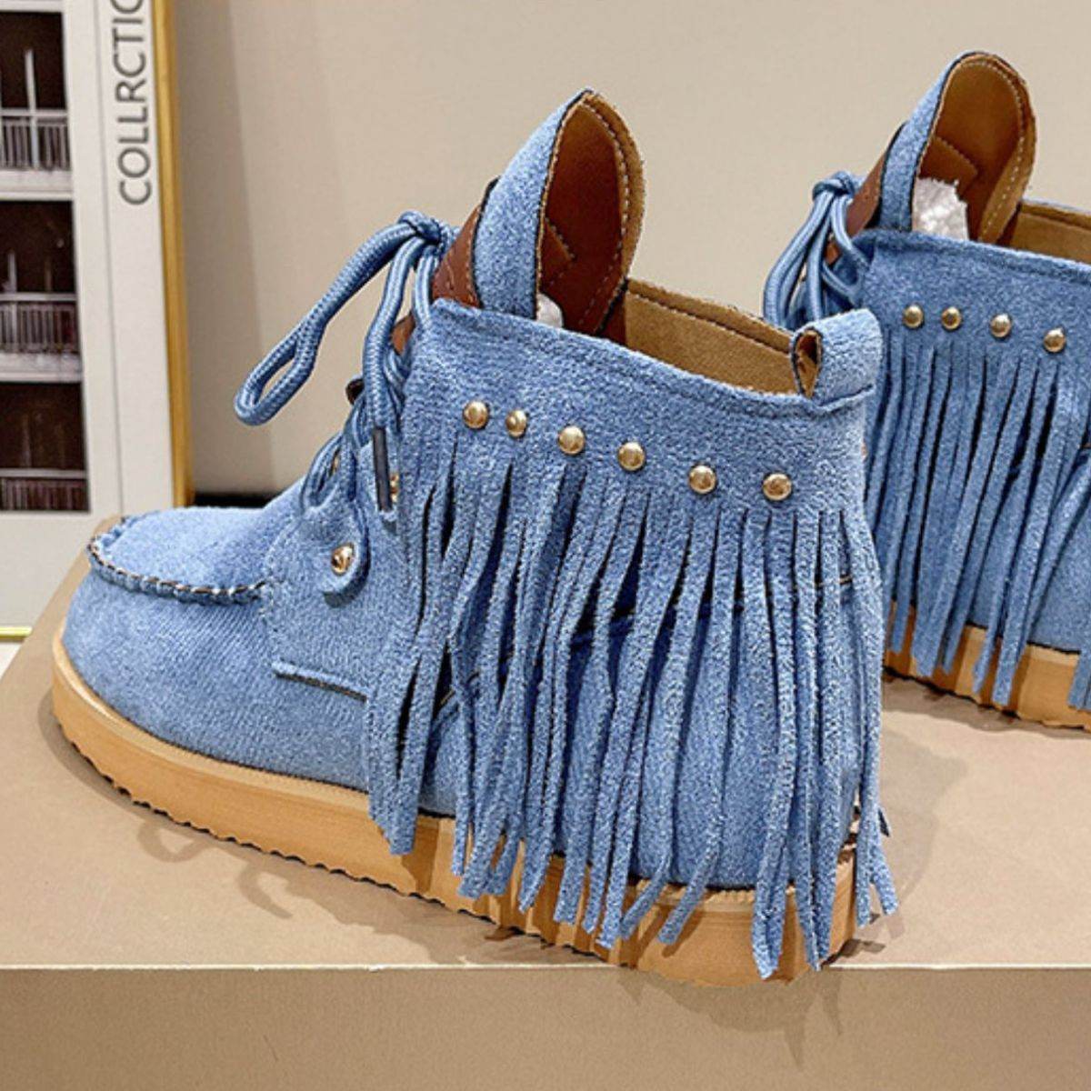Fringe Studded Round Toe Canvas Boots - Delanoir