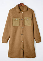 Collared Neck Long Sleeve Longline Teddy Jacket - Delanoir