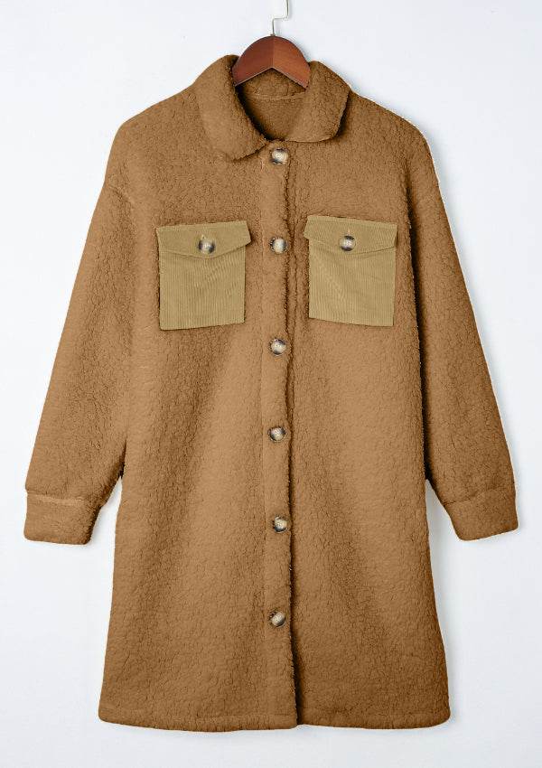 Collared Neck Long Sleeve Longline Teddy Jacket - Delanoir