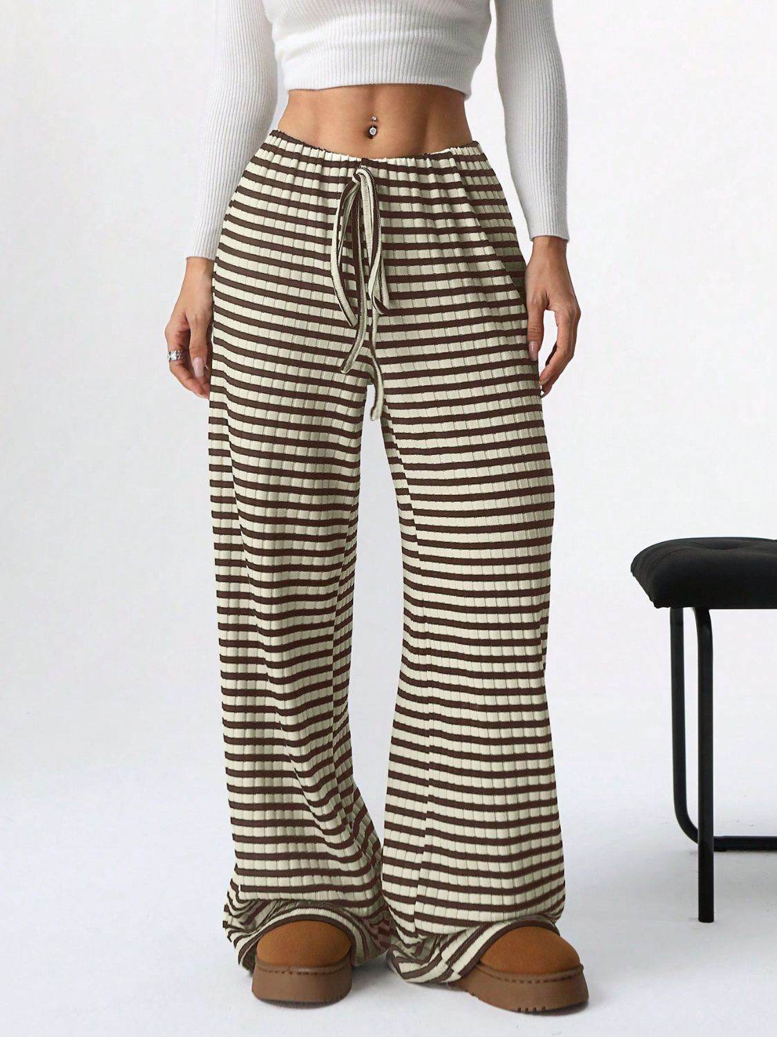 Tied Striped Wide Leg Pants - Delanoir