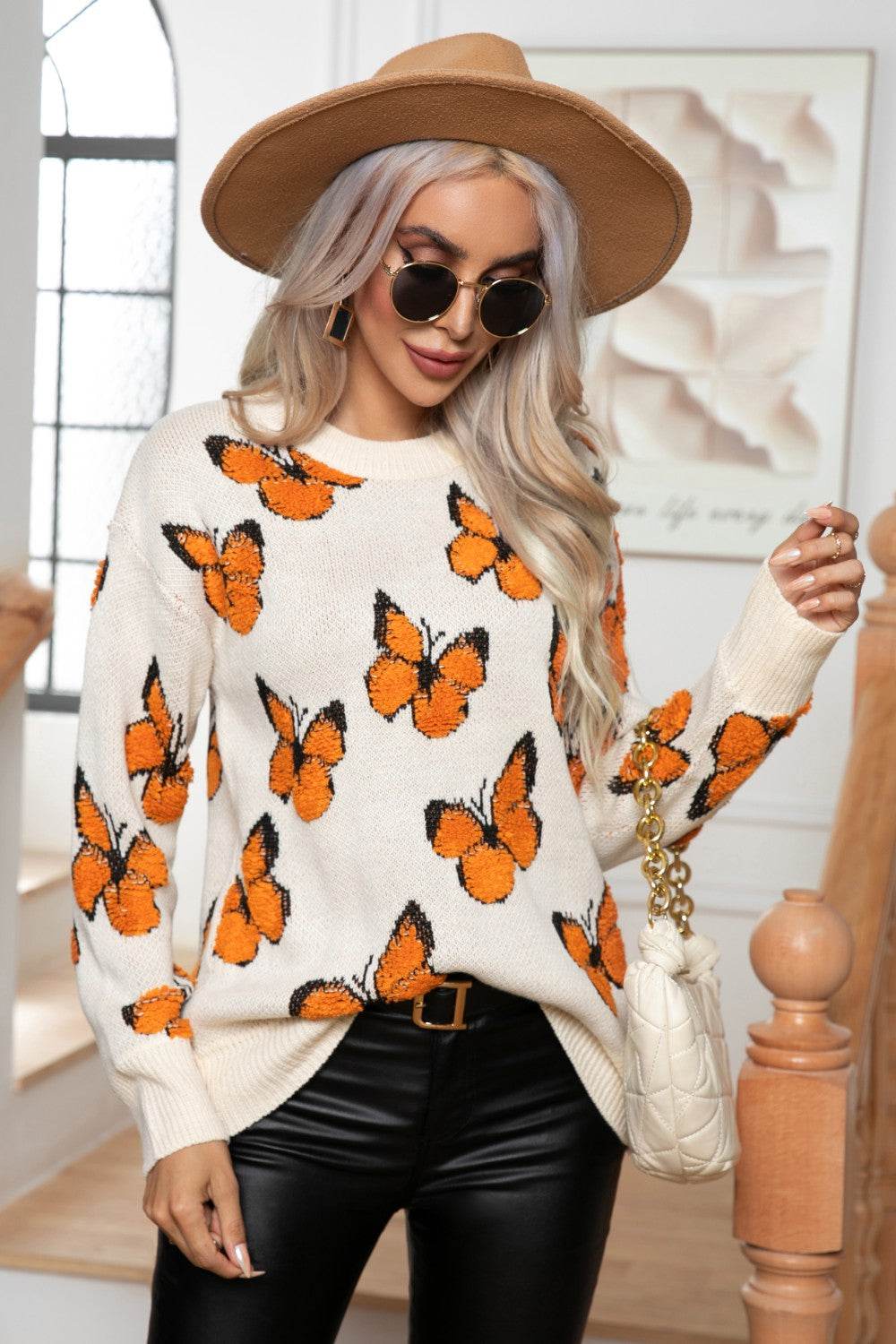 Butterfly Round Neck Long Sleeve Sweater - Delanoir