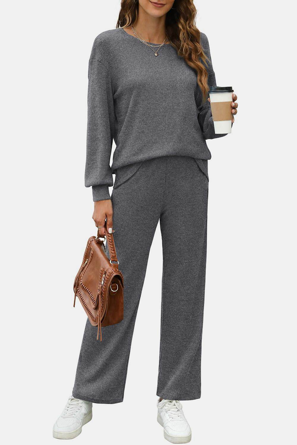 Round Neck Long Sleeve Top and Pants Set - Delanoir