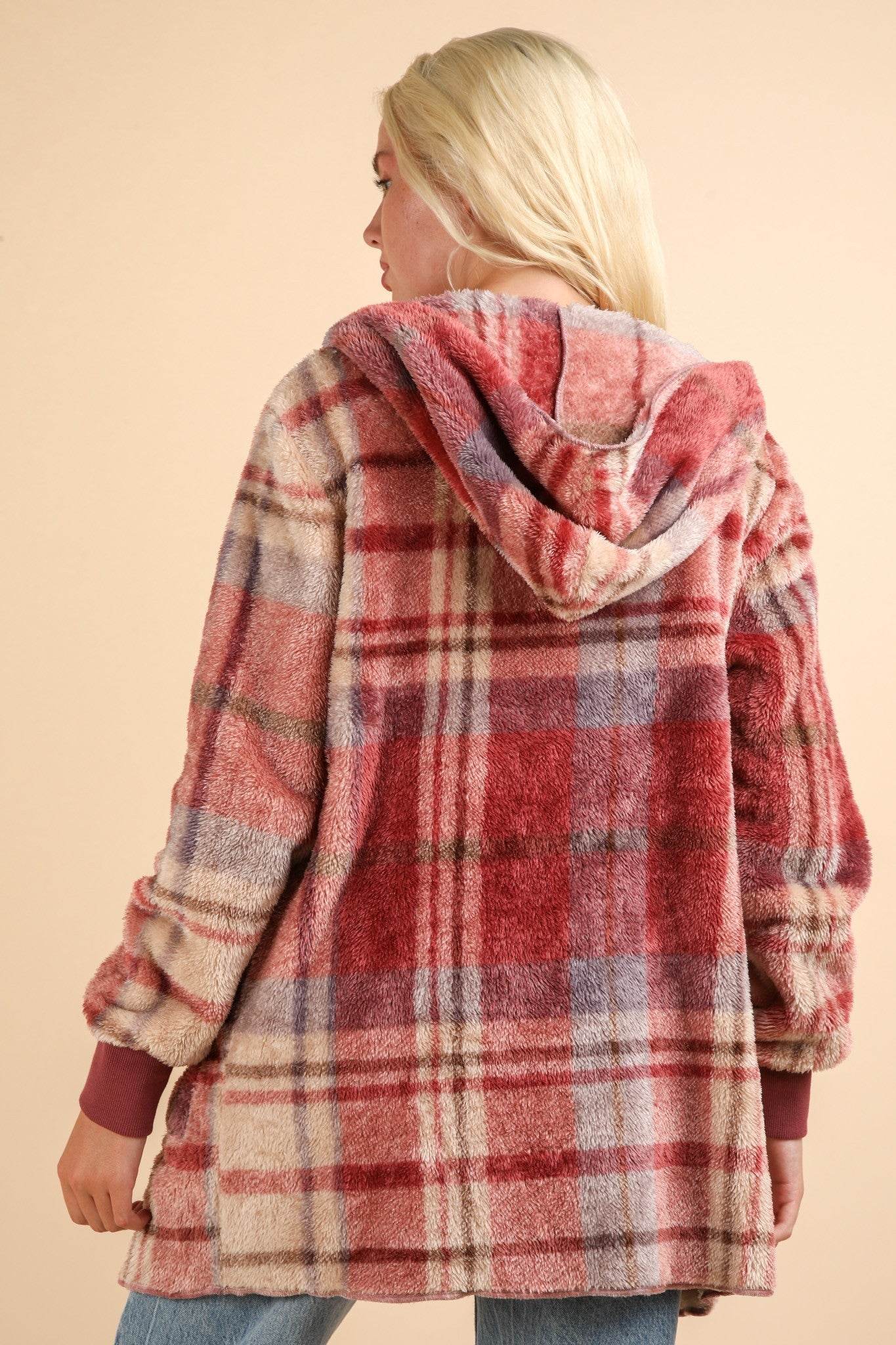 VERY J Fuzzy Plaid Long Sleeve Hooded Jacket - Delanoir
