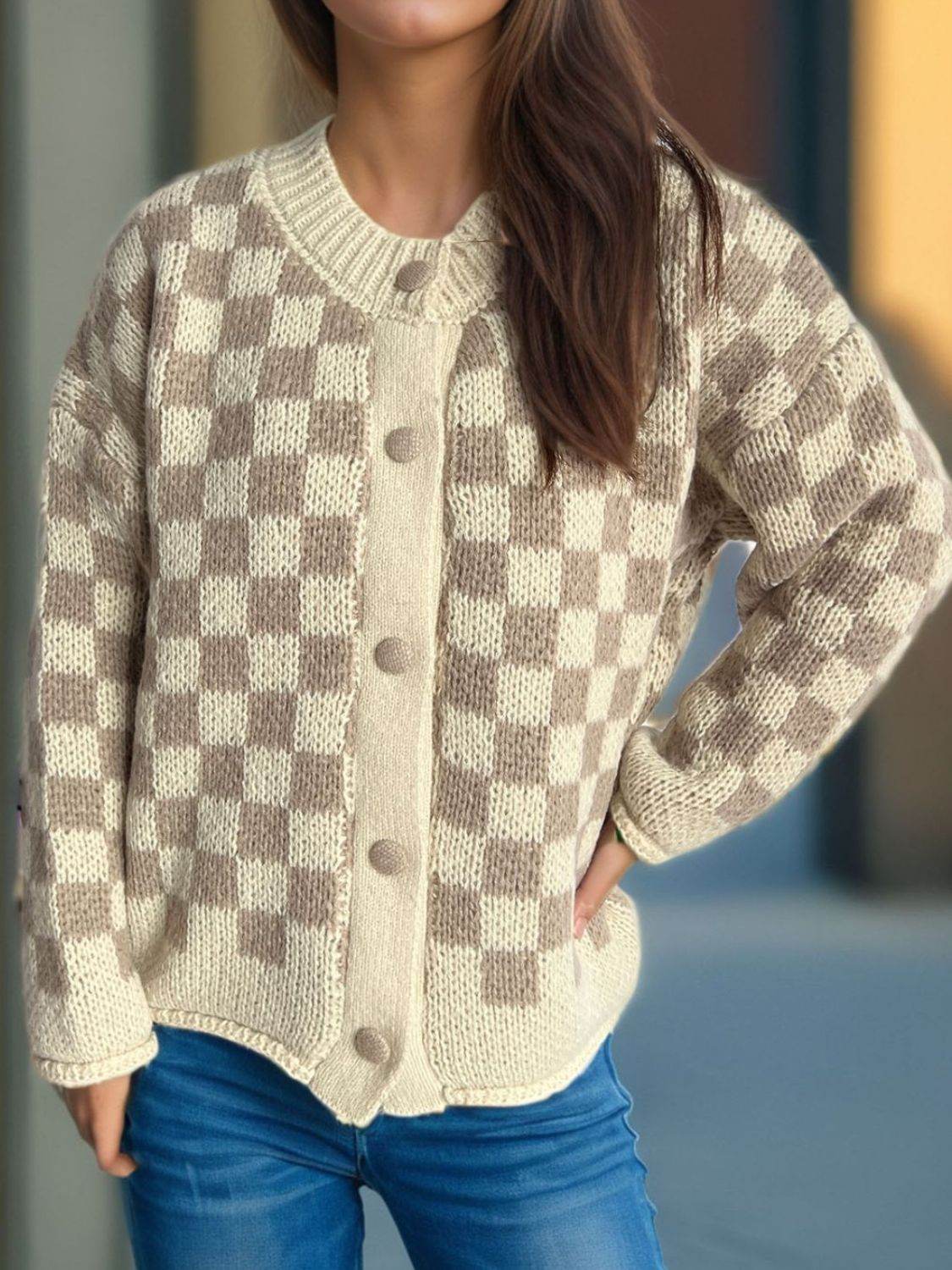 Checkered Button Up Round Neck Cardigan - Delanoir