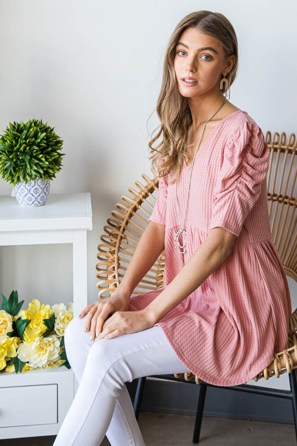 Heimish Full Size Waffle Knit V-Neck Babydoll Top - Delanoir