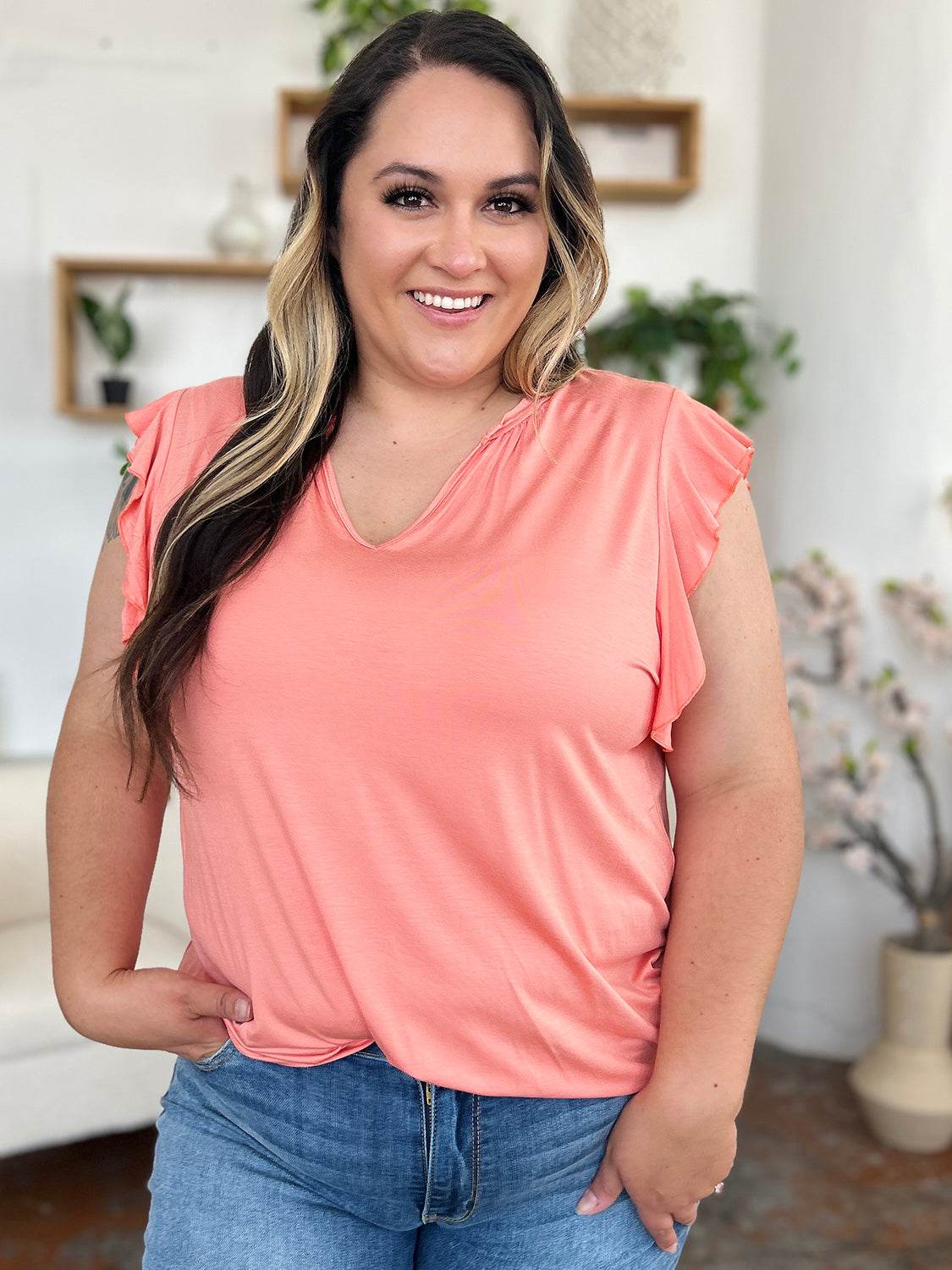 Basic Bae Full Size Bamboo Notched Ruffled Short Sleeve T-Shirt - Delanoir