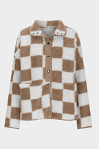 Checkered Snap Down Long Sleeve Teddy Jacket - Delanoir