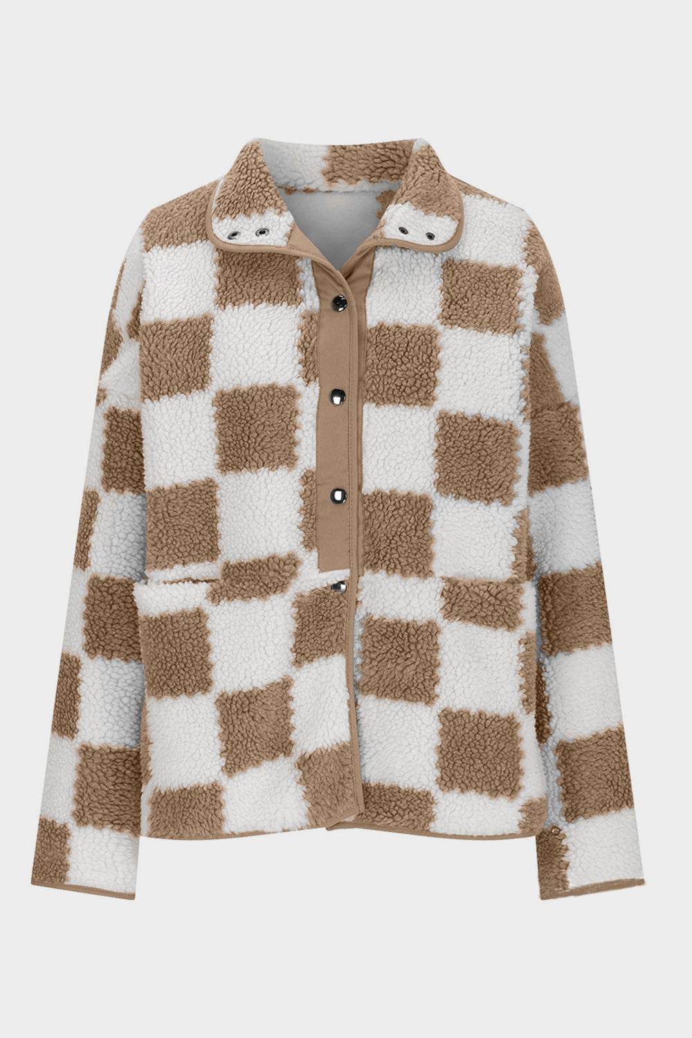 Checkered Snap Down Long Sleeve Teddy Jacket - Delanoir