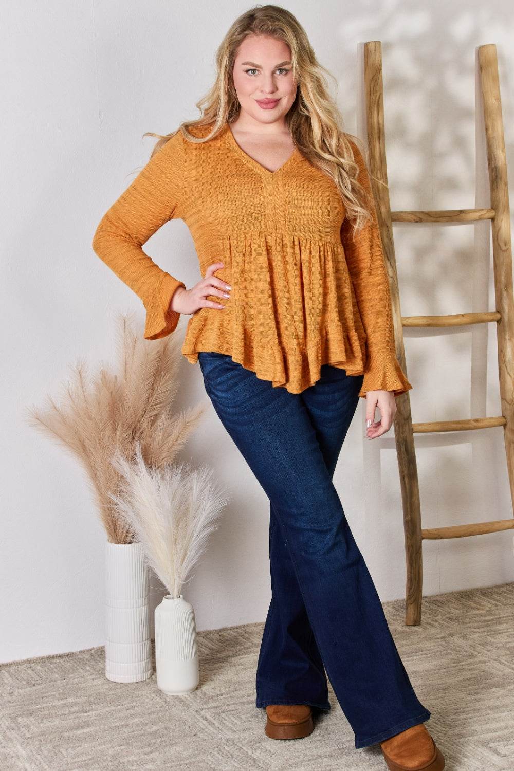 Hailey & Co Full Size V-Neck Flounce Sleeve Blouse - Delanoir