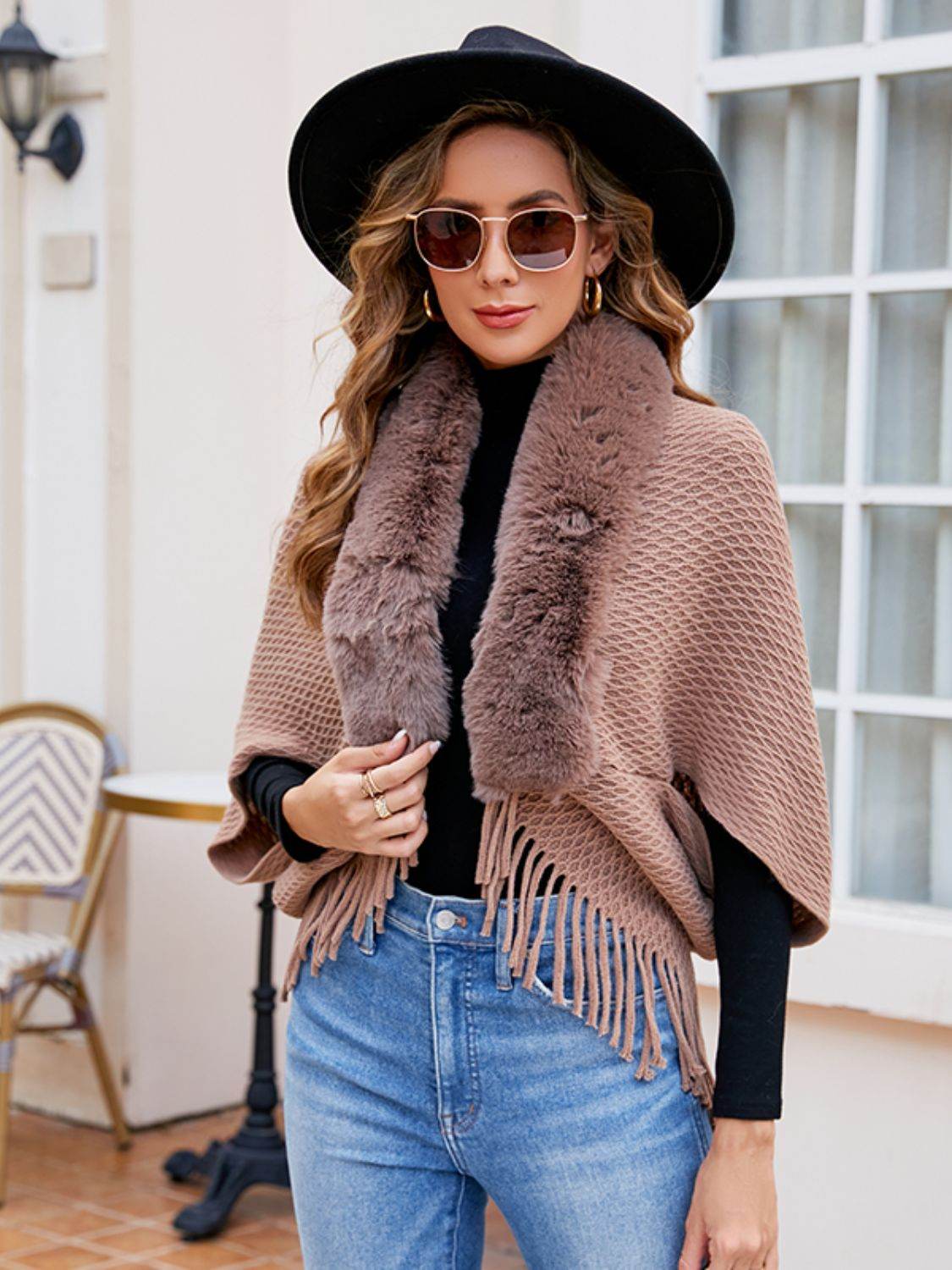 Open Front Fringe Hem Poncho - Delanoir