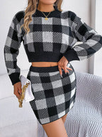 Plaid Round Neck Top and Skirt Sweater Set - Delanoir