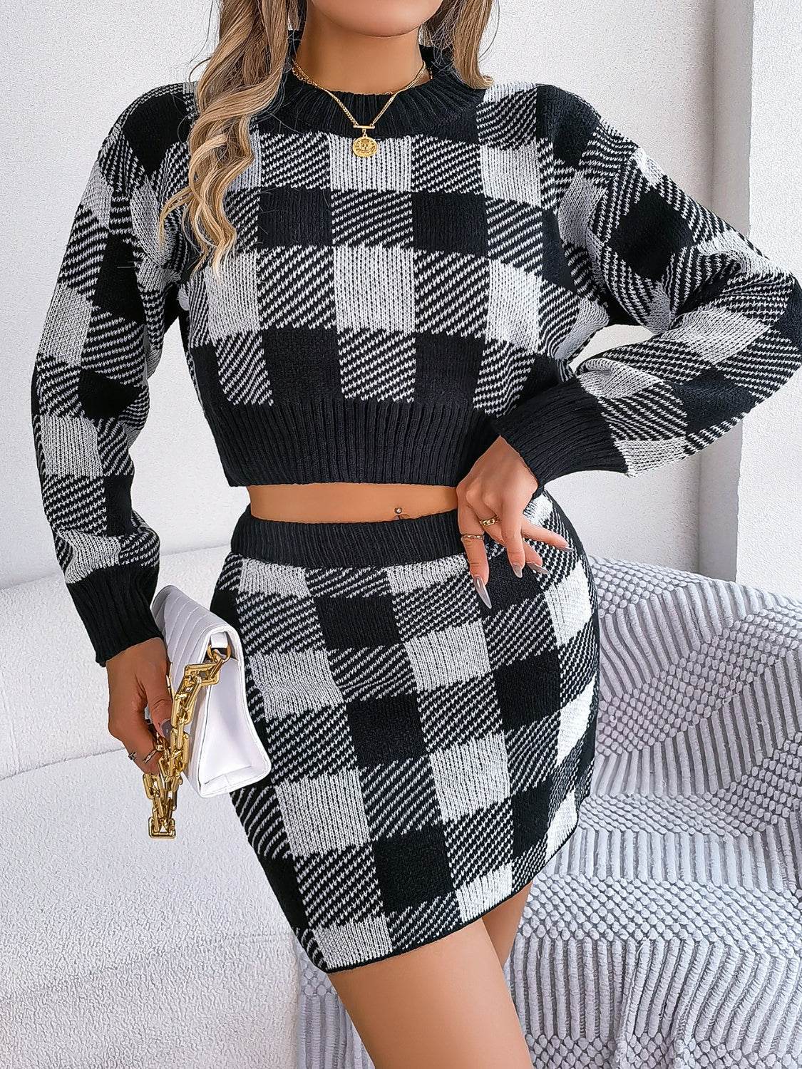 Plaid Round Neck Top and Skirt Sweater Set - Delanoir