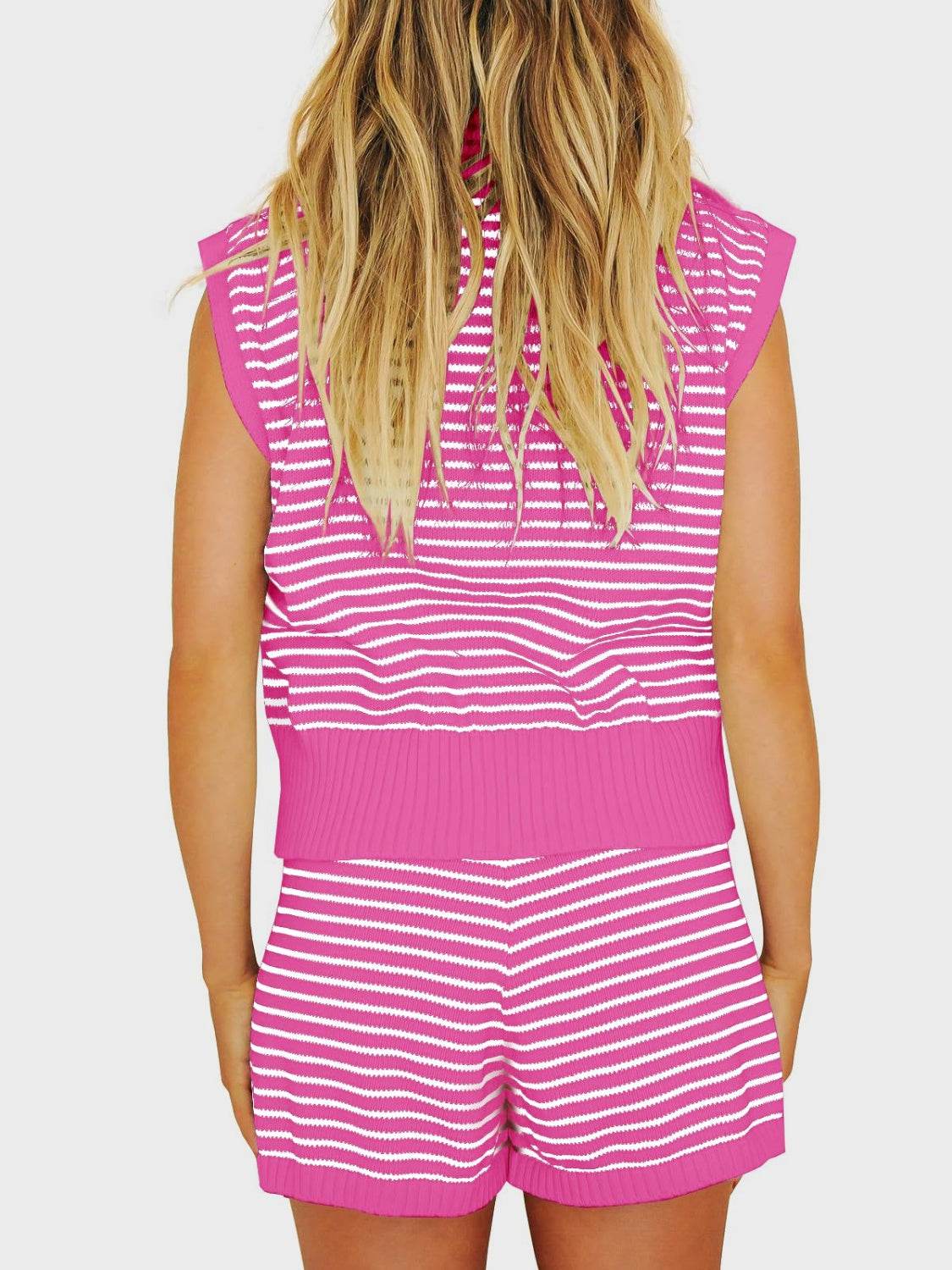 Striped Cap Sleeve Top and Shorts Sweater Set - Delanoir