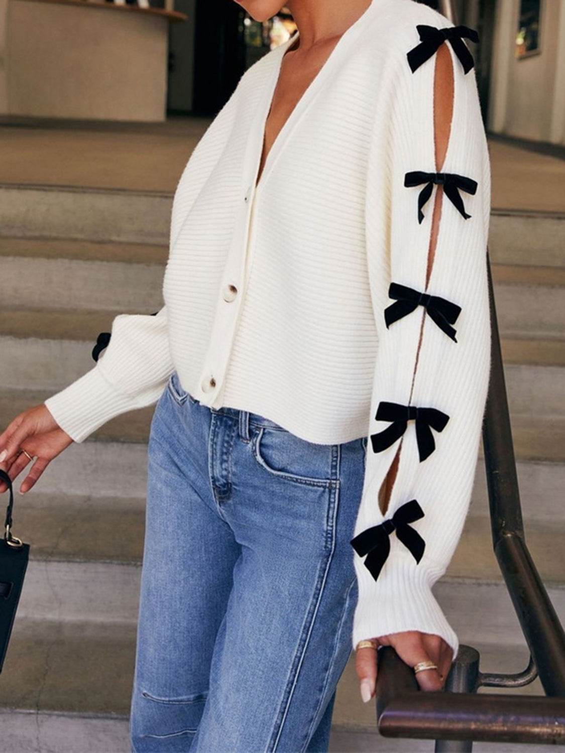 Bow V-Neck Cutout Sleeve Cardigan - Delanoir