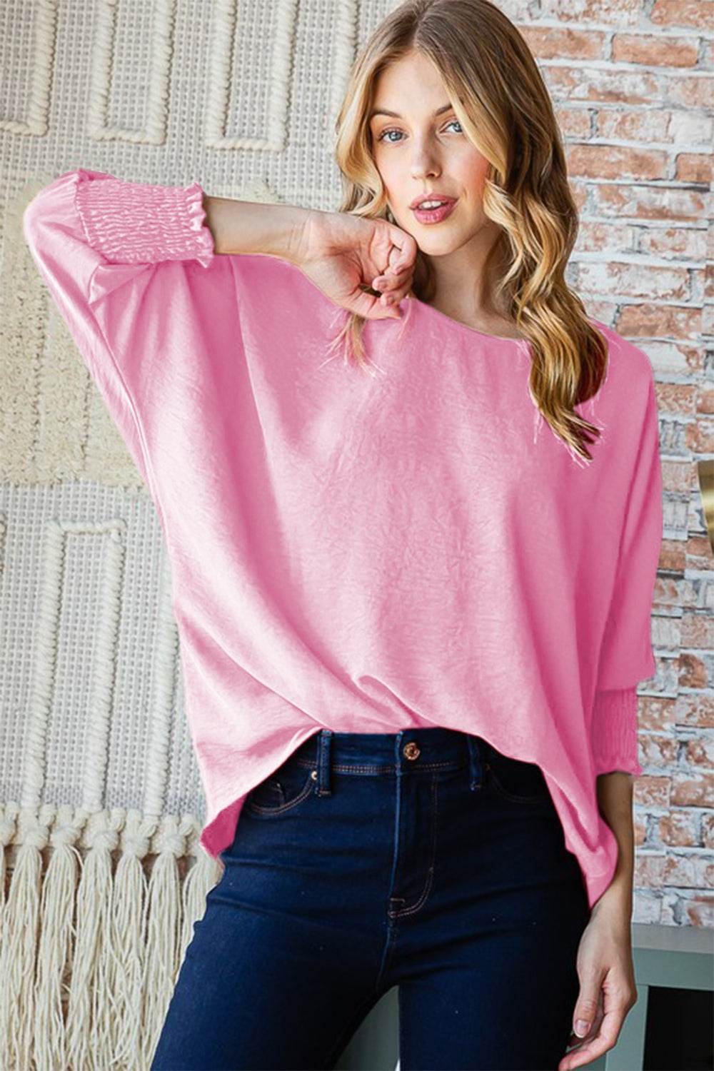 Reborn J Texture Round Neck Smocked Half Sleeve Top - Delanoir