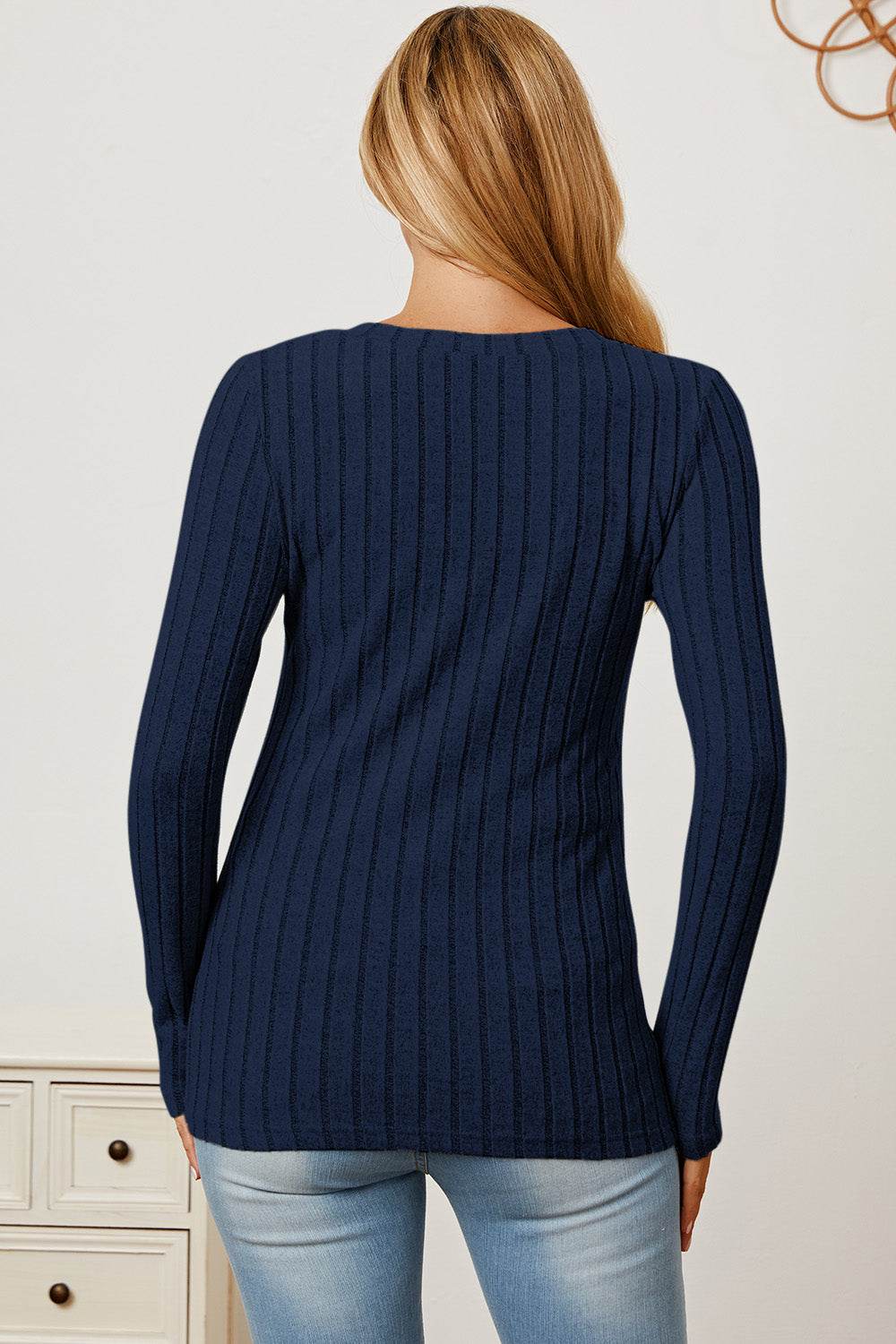 Basic Bae Full Size Ribbed V-Neck Long Sleeve T-Shirt - Delanoir