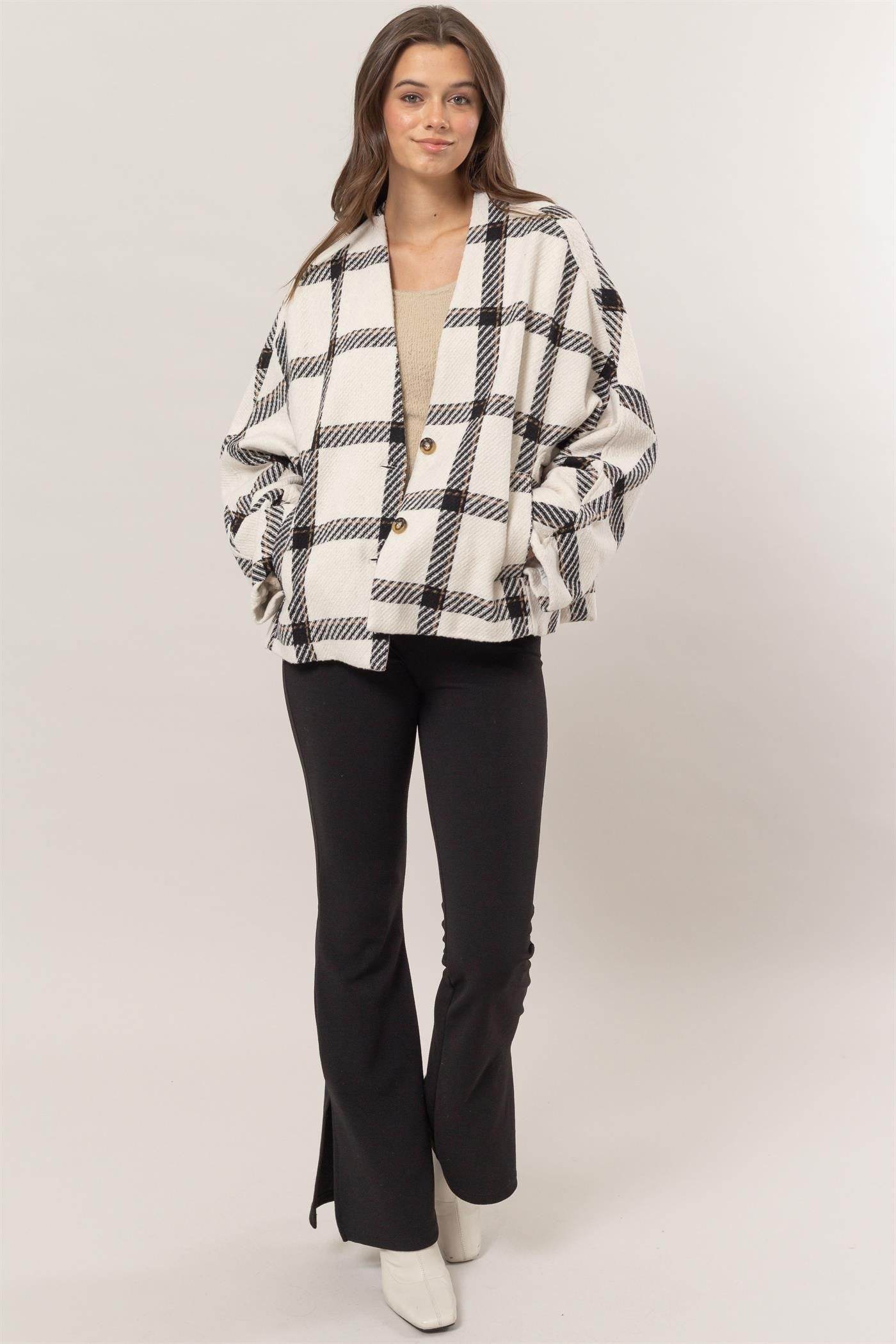 HYFVE Plaid Long Sleeve Jacket with Side Slit Pockets - Delanoir