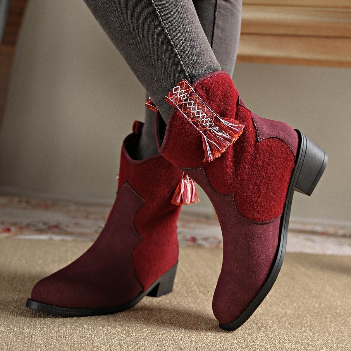 Suede Point Toe Block Heel Boots - Delanoir