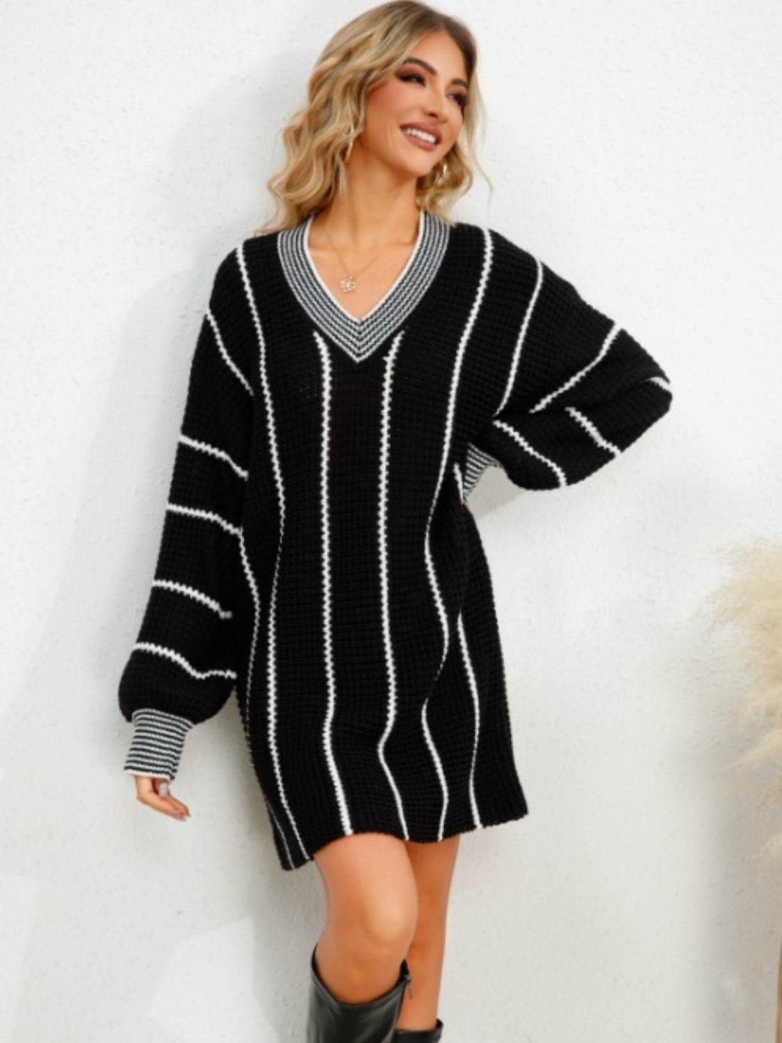 Striped V-Neck Long Sleeve Mini Dress - Delanoir