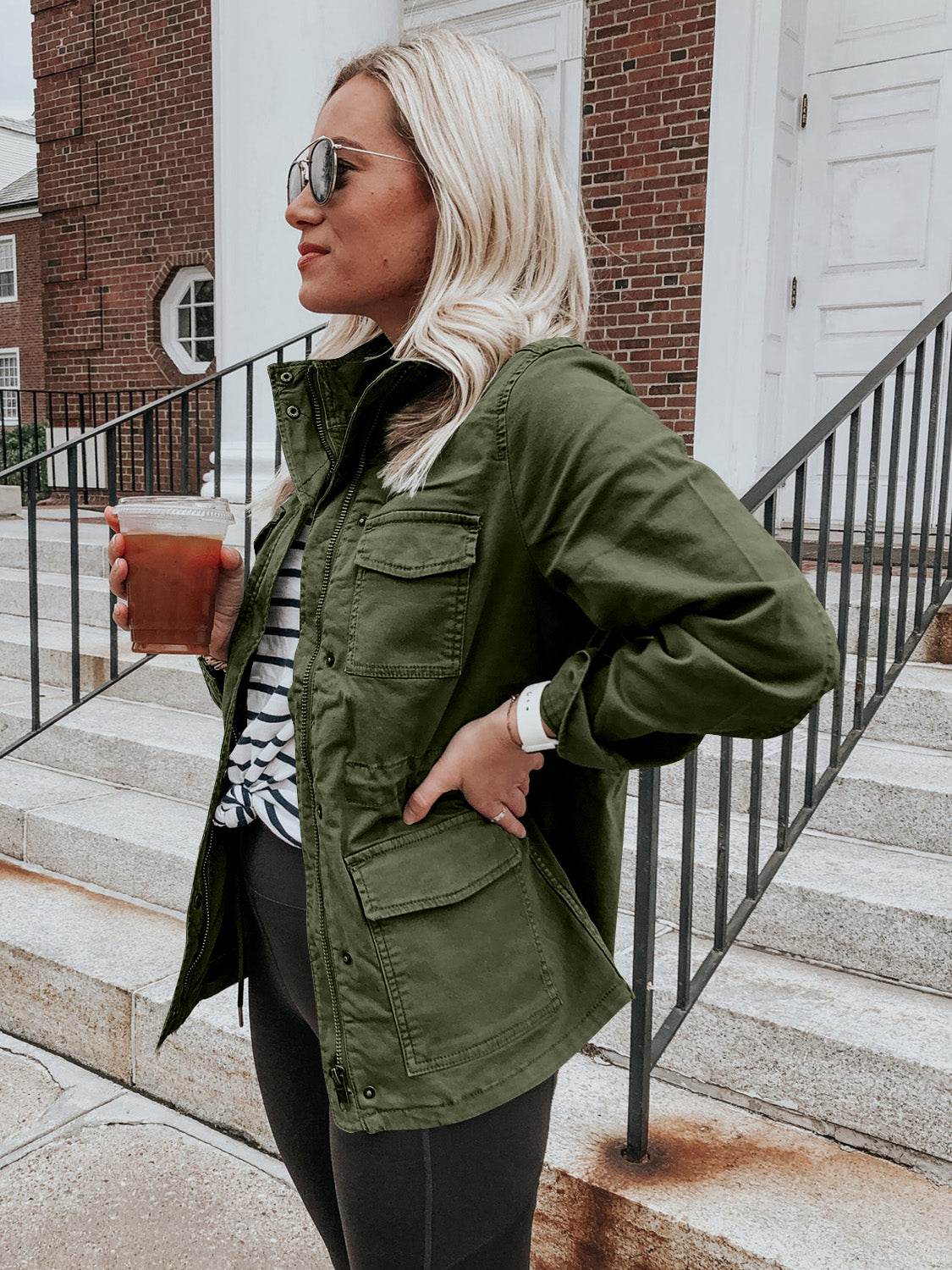 Pocketed Long Sleeve Zip Up Jacket - Delanoir